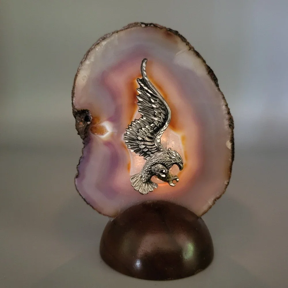 Agate Geode Metal Eagle Figurine Brazilian Stone Wood Base Brown Shelf Decor